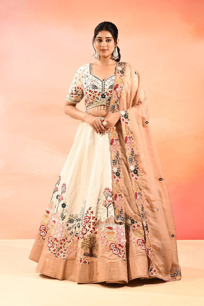 Ivory And Multi Colour Nature Inspirde Floral Embroidery Lehenga