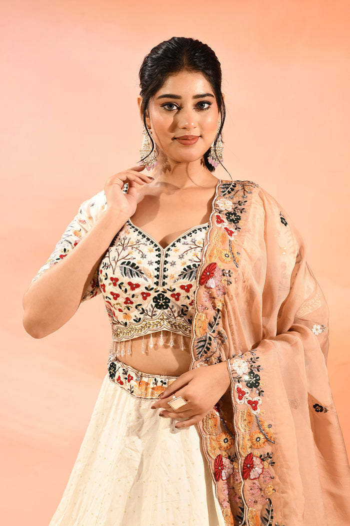Ivory And Multi Colour Nature Inspirde Floral Embroidery Lehenga