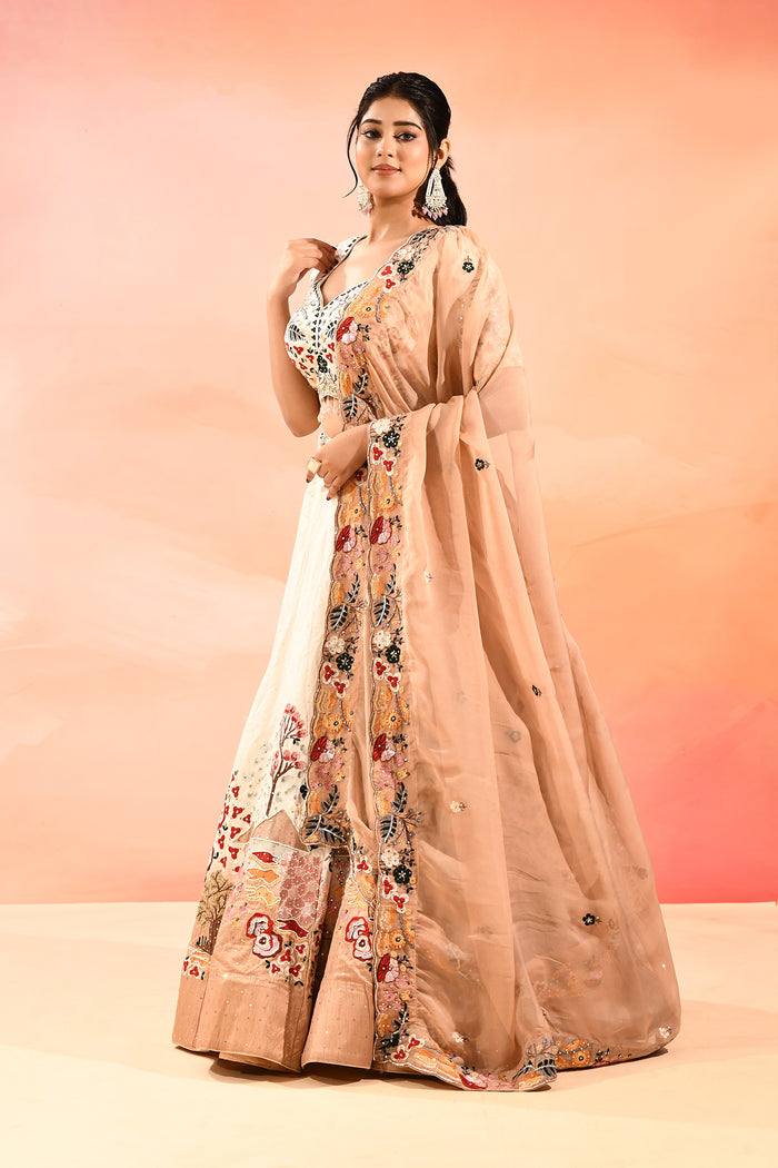 Ivory And Multi Colour Nature Inspirde Floral Embroidery Lehenga