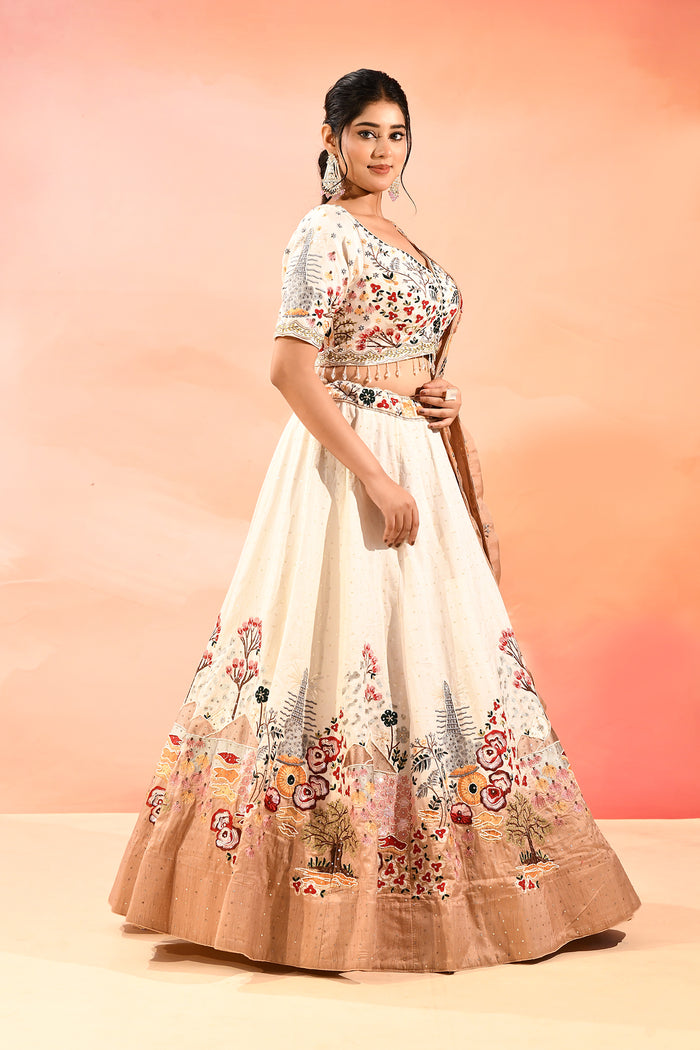 Ivory And Multi Colour Nature Inspirde Floral Embroidery Lehenga