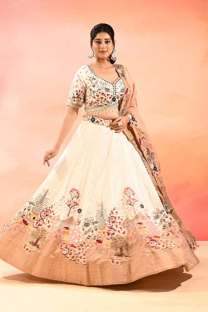 Ivory And Multi Colour Nature Inspirde Floral Embroidery Lehenga