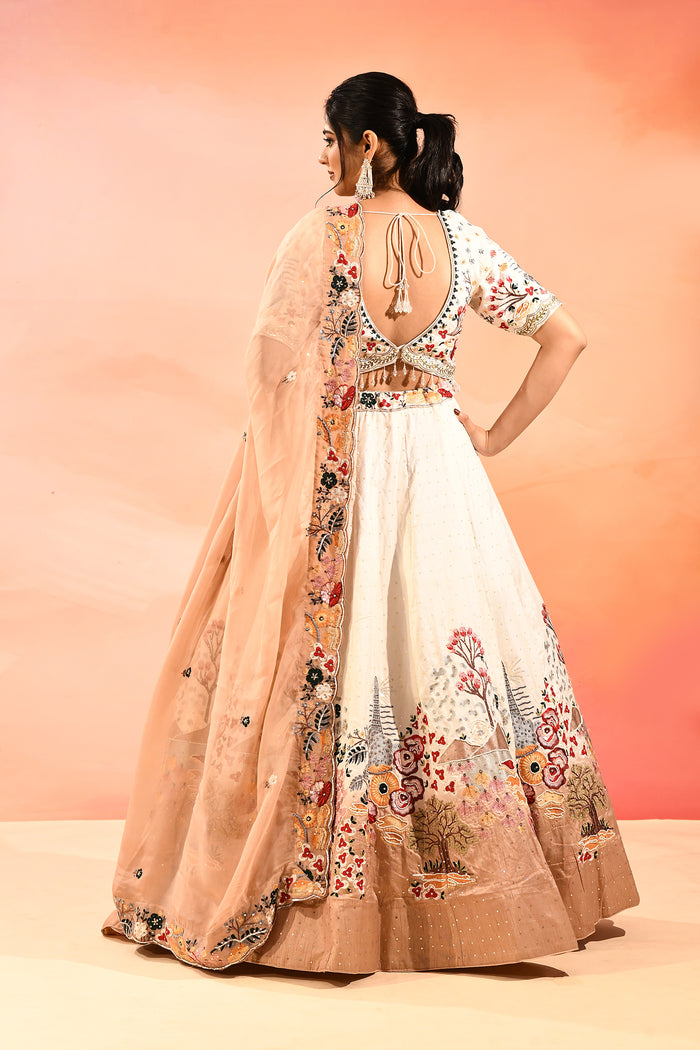 Ivory And Multi Colour Nature Inspirde Floral Embroidery Lehenga