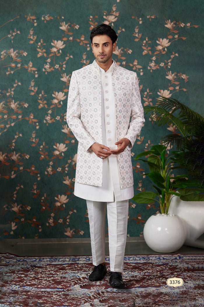 Ivory Art Silk Three Piece Sherwani Set