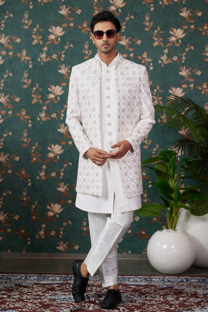 Ivory Art Silk Three Piece Sherwani Set