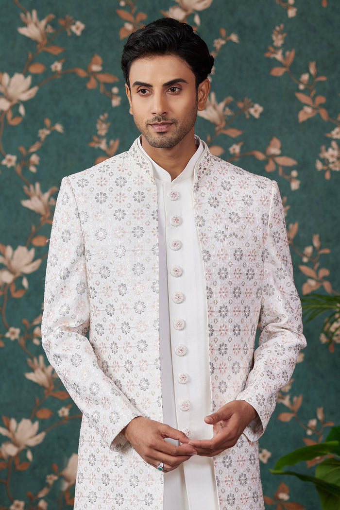 Ivory Art Silk Three Piece Sherwani Set