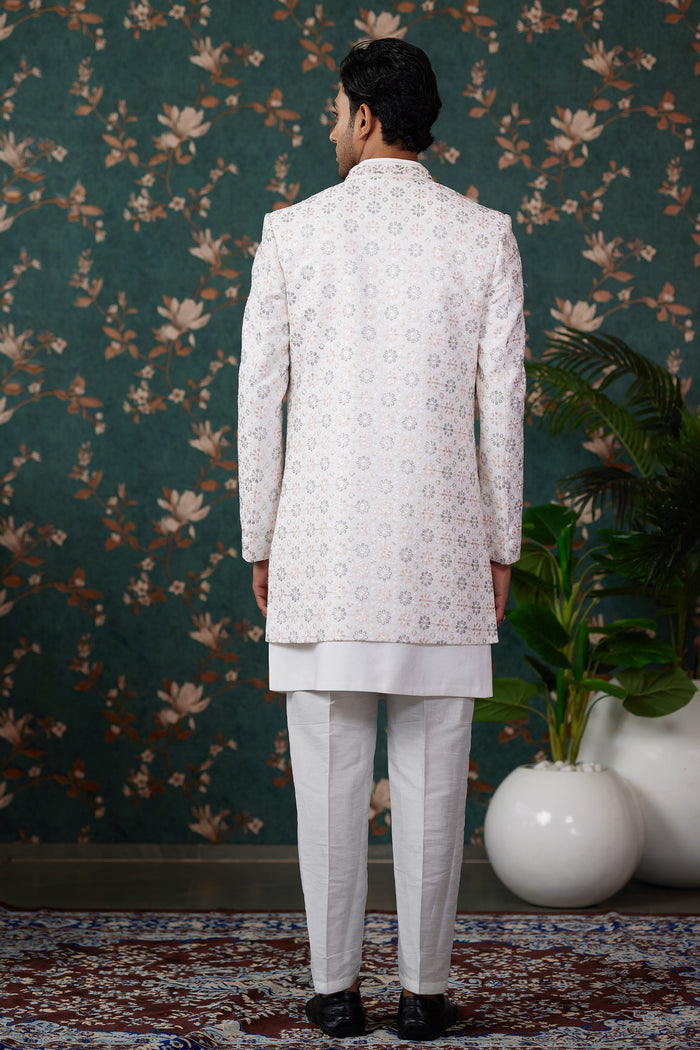 Ivory Art Silk Three Piece Sherwani Set