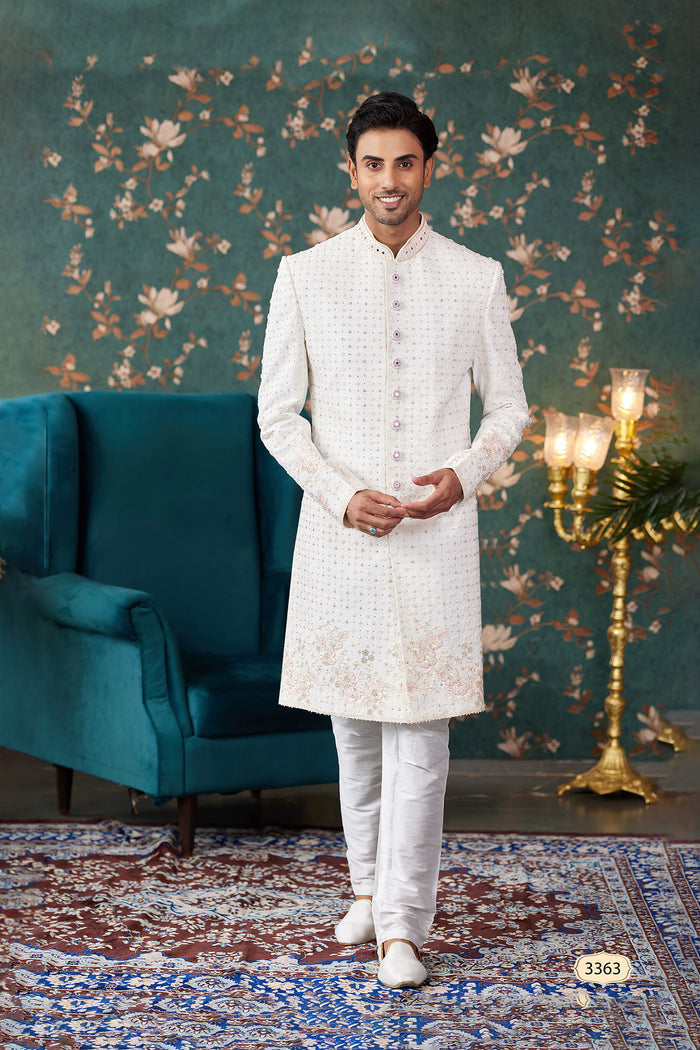 Ivory Art Silk Two Piece Sherwani Set