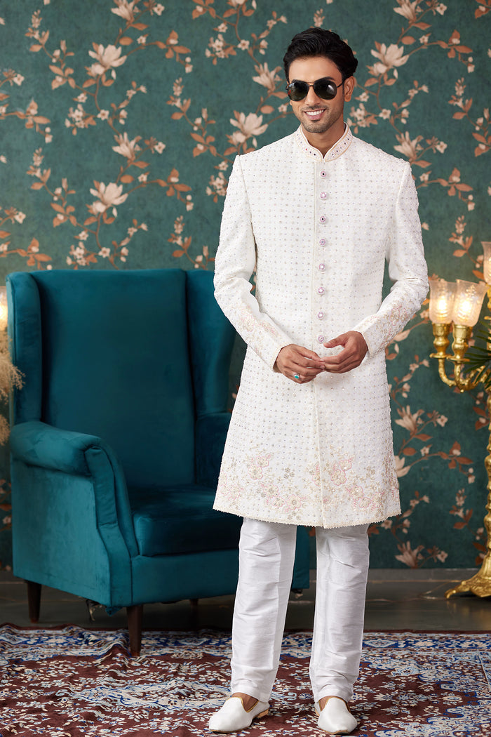 Ivory Art Silk Two Piece Sherwani Set