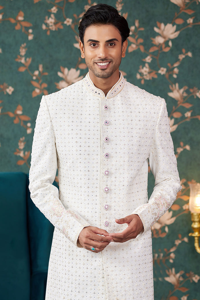 Ivory Art Silk Two Piece Sherwani Set