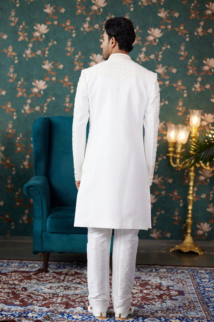 Ivory Art Silk Two Piece Sherwani Set