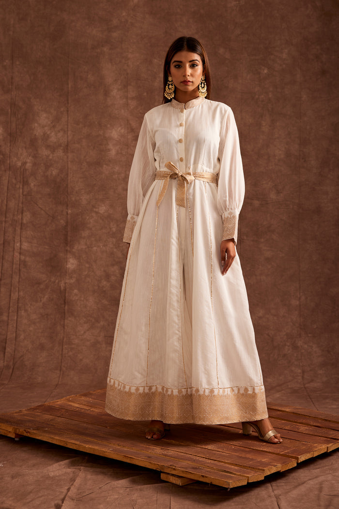 Ivory Chanderi Suit And Palazzo Set With Real Zari Weaving