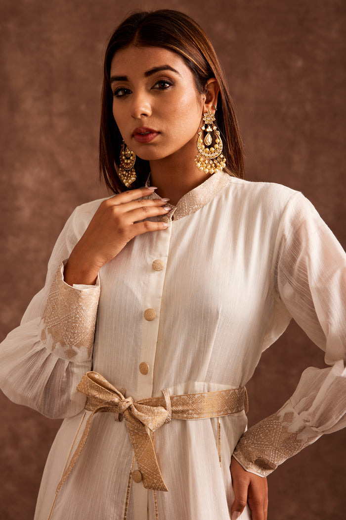 Ivory Chanderi Suit And Palazzo Set With Real Zari Weaving