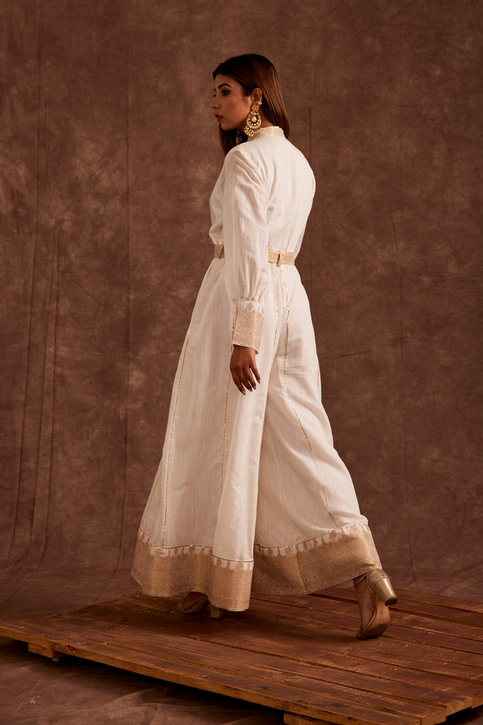 Ivory Chanderi Suit And Palazzo Set With Real Zari Weaving