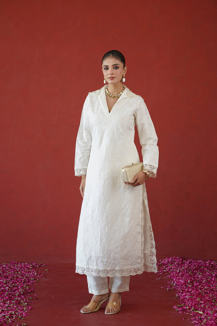 Ivory Chikankari Collar Kurti