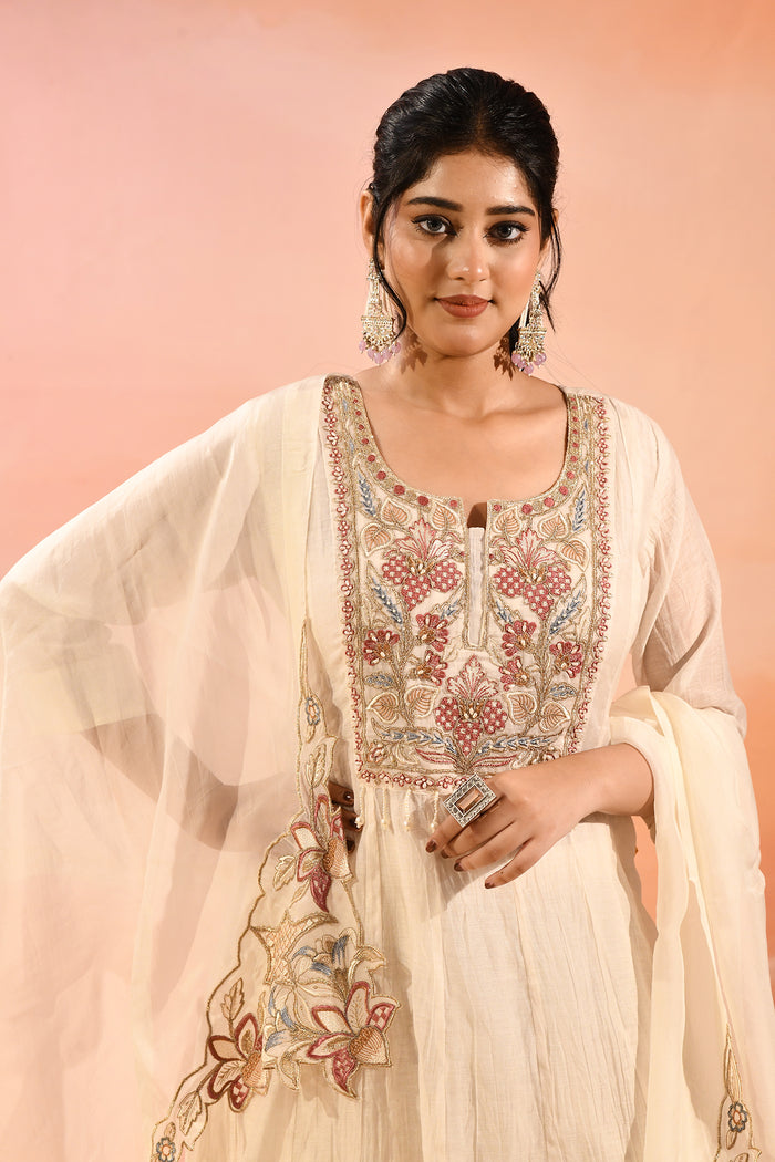 Ivory Cotton With Floral Embroidered Anarkali Set
