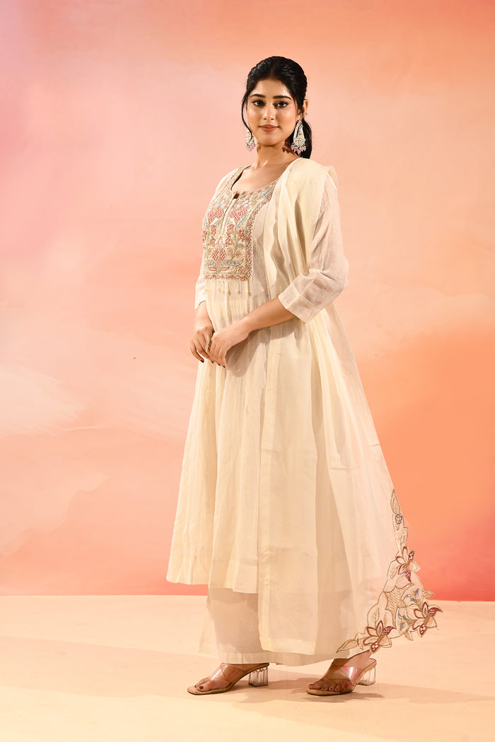 Ivory Cotton With Floral Embroidered Anarkali Set