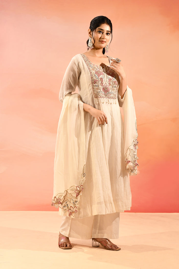 Ivory Cotton With Floral Embroidered Anarkali Set