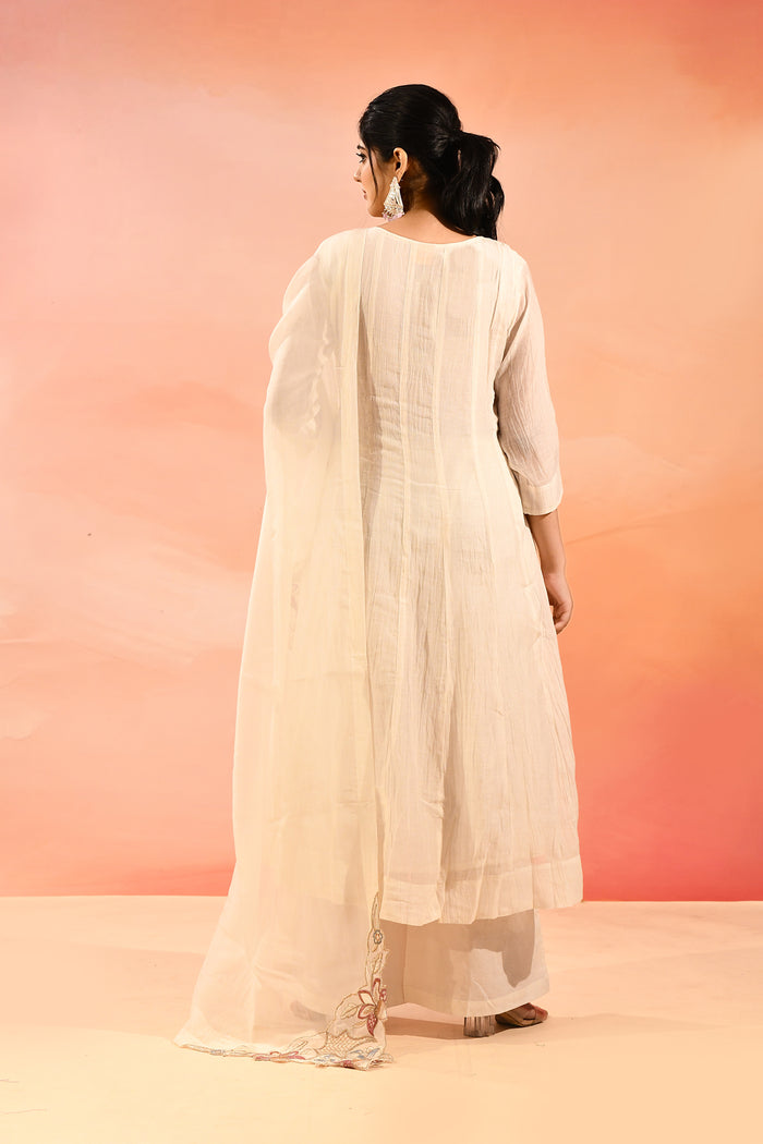 Ivory Cotton With Floral Embroidered Anarkali Set
