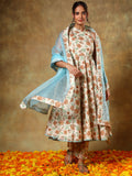 Ivory Floral Printed Anarkali Set With Sky Blue Organza Dupatta