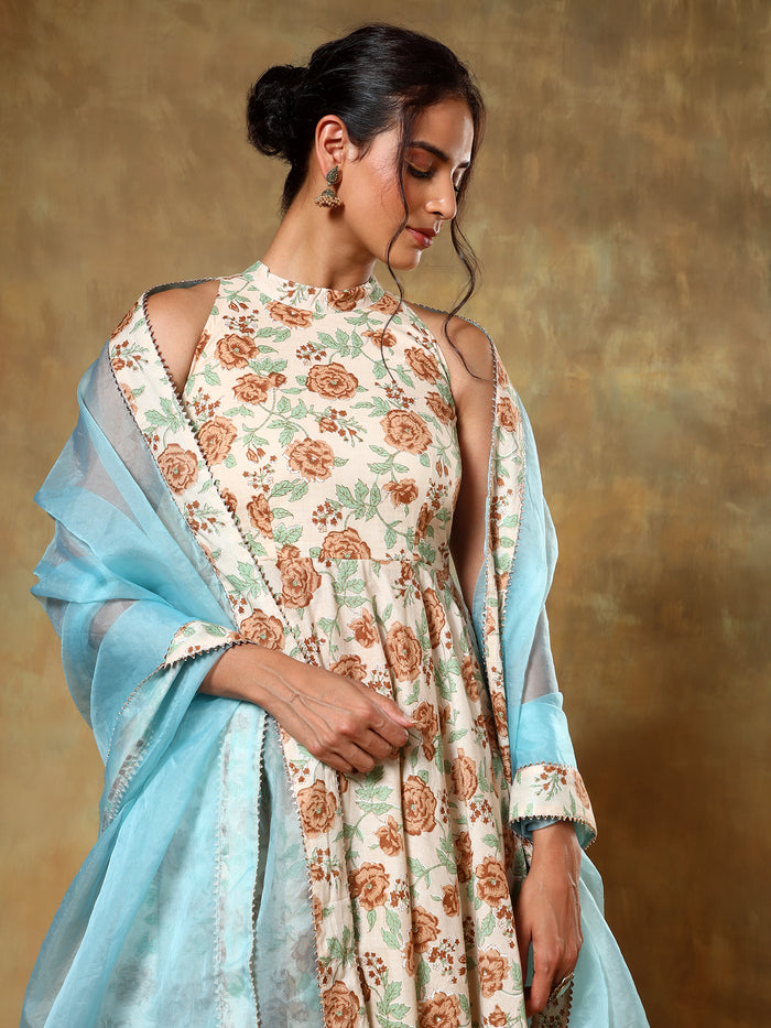 Ivory Floral Printed Anarkali Set With Sky Blue Organza Dupatta