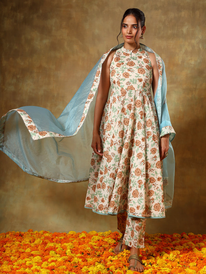 Ivory Floral Printed Anarkali Set With Sky Blue Organza Dupatta