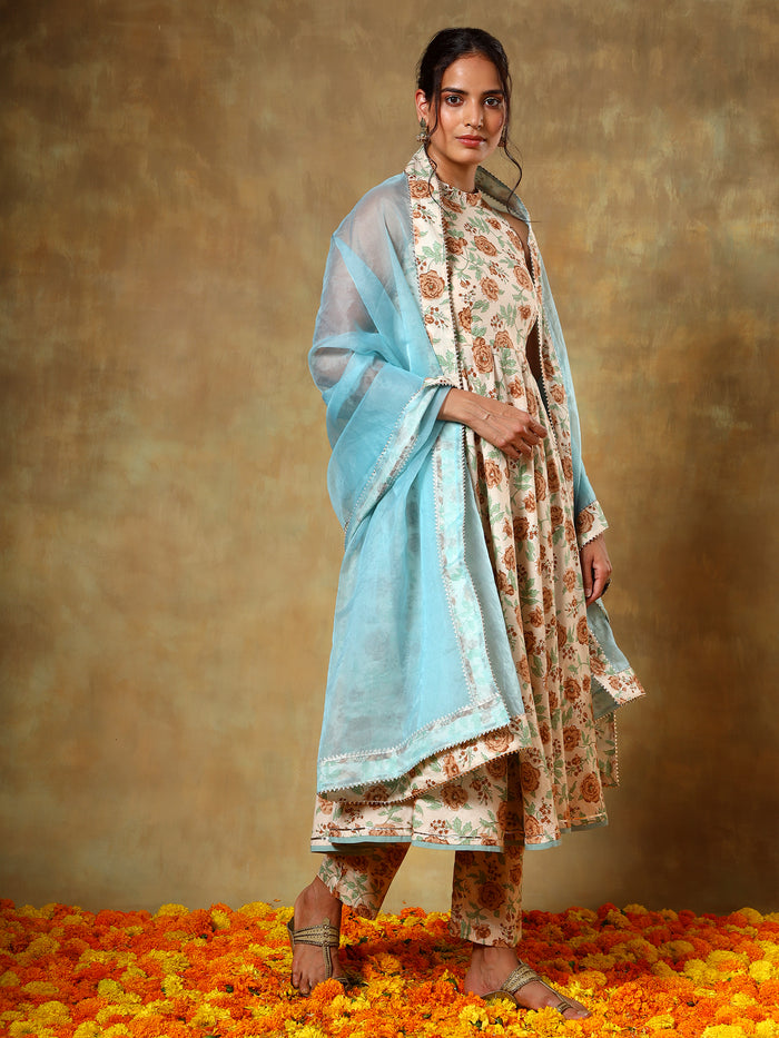 Ivory Floral Printed Anarkali Set With Sky Blue Organza Dupatta