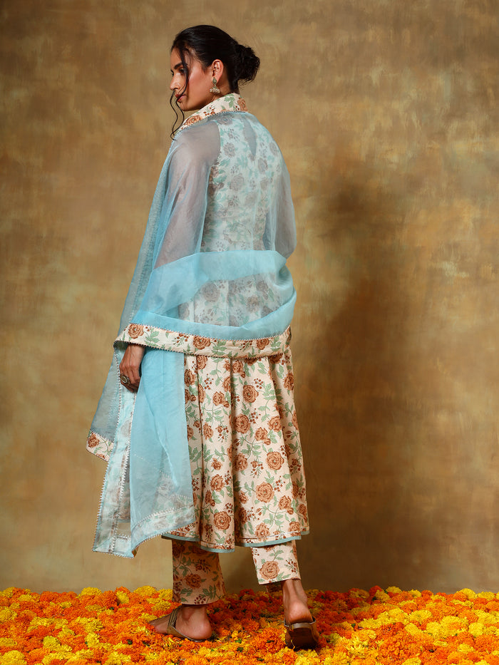 Ivory Floral Printed Anarkali Set With Sky Blue Organza Dupatta