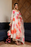 Ivory Floral Printed Chanderi Anarkali Set With Gota Border