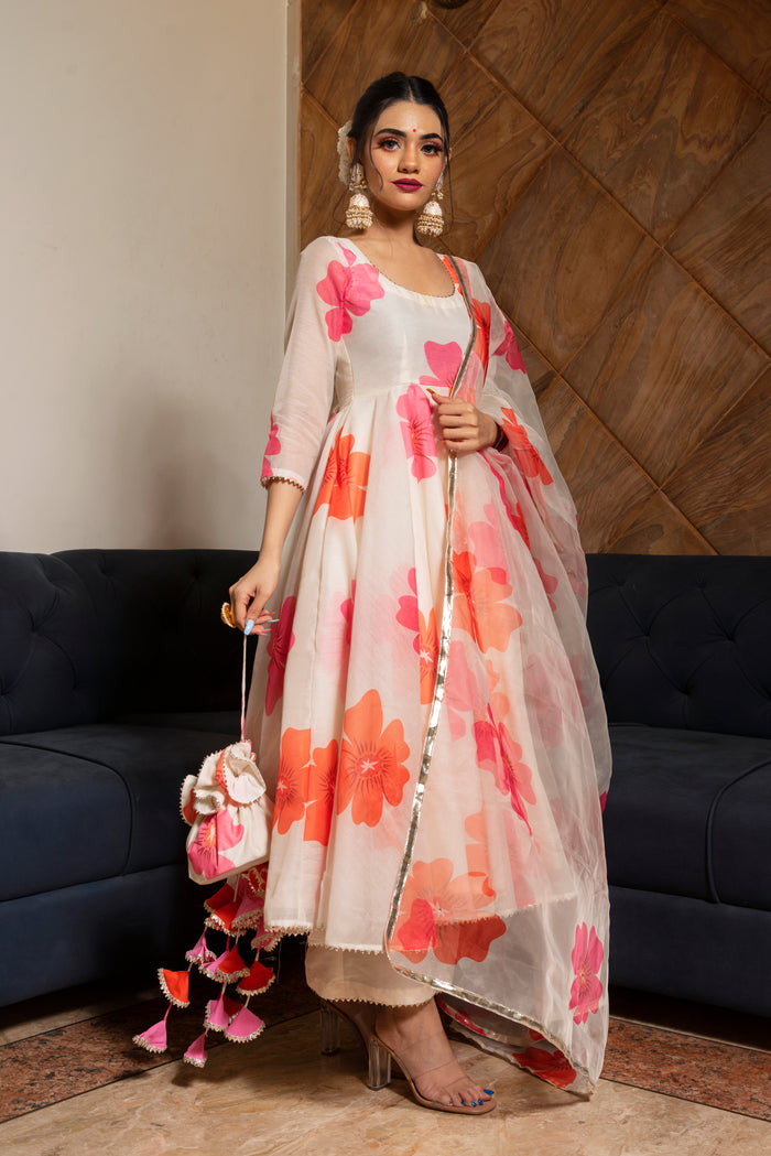 Ivory Floral Printed Chanderi Anarkali Set With Gota Border