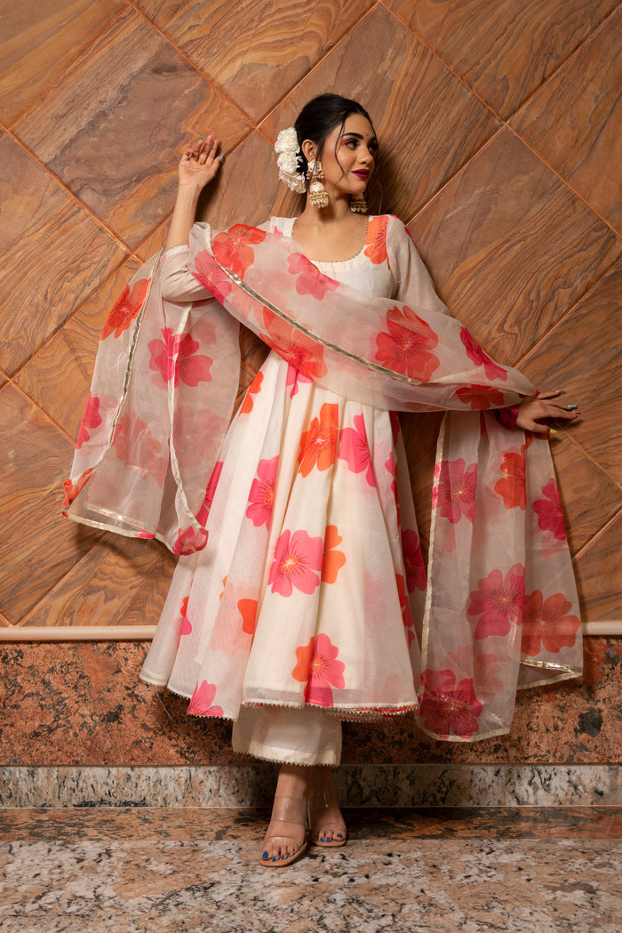 Ivory Floral Printed Chanderi Anarkali Set With Gota Border