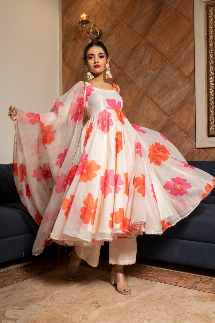 Ivory Floral Printed Chanderi Anarkali Set With Gota Border