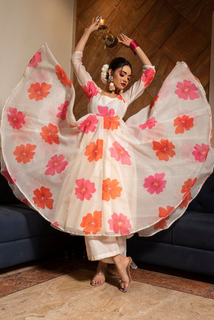 Ivory Floral Printed Chanderi Anarkali Set With Gota Border