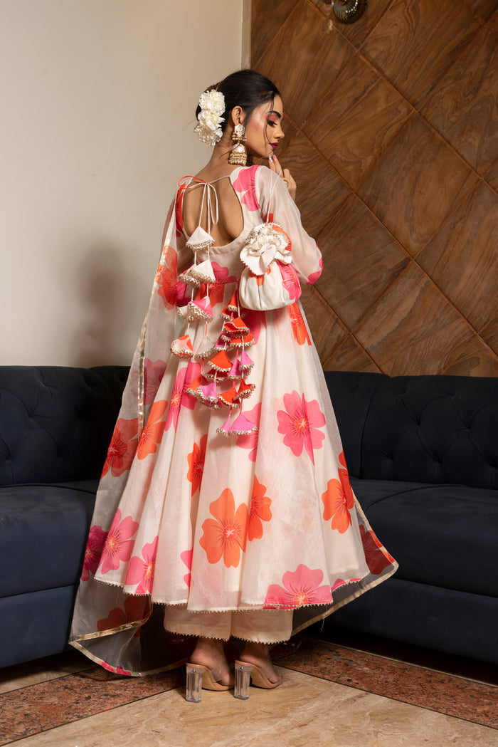 Ivory Floral Printed Chanderi Anarkali Set With Gota Border