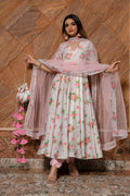 Ivory Floral Printed Chanderi Anarkali Set With Scalloped Hem