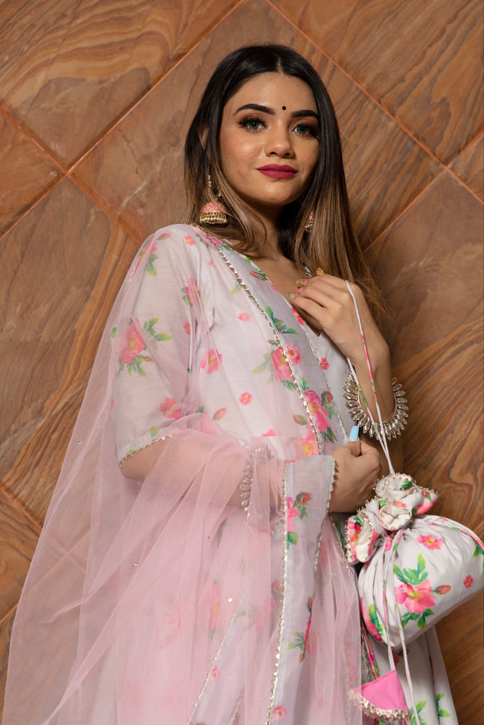 Ivory Floral Printed Chanderi Anarkali Set With Scalloped Hem