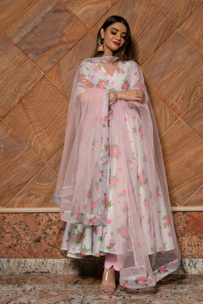 Ivory Floral Printed Chanderi Anarkali Set With Scalloped Hem