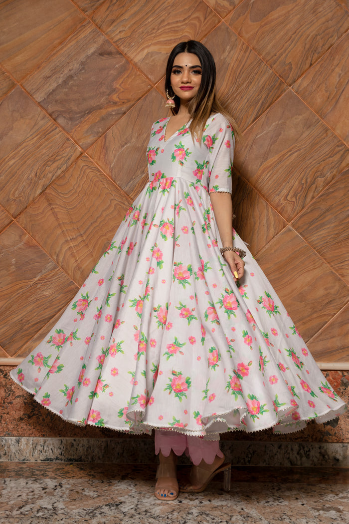 Ivory Floral Printed Chanderi Anarkali Set With Scalloped Hem