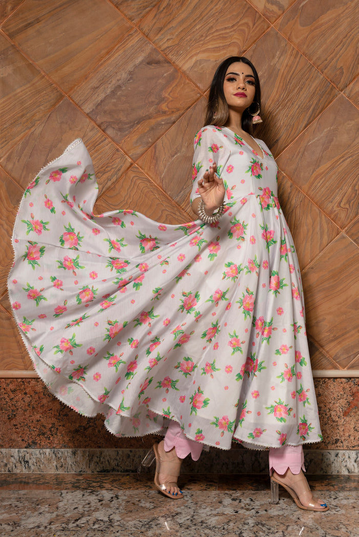 Ivory Floral Printed Chanderi Anarkali Set With Scalloped Hem