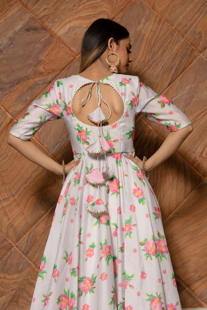 Ivory Floral Printed Chanderi Anarkali Set With Scalloped Hem