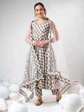 Ivory Floral Printed Cotton Anarkali Set With Olive Trim