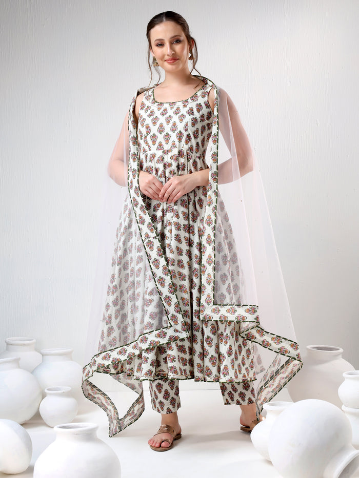 Ivory Floral Printed Cotton Anarkali Set With Olive Trim