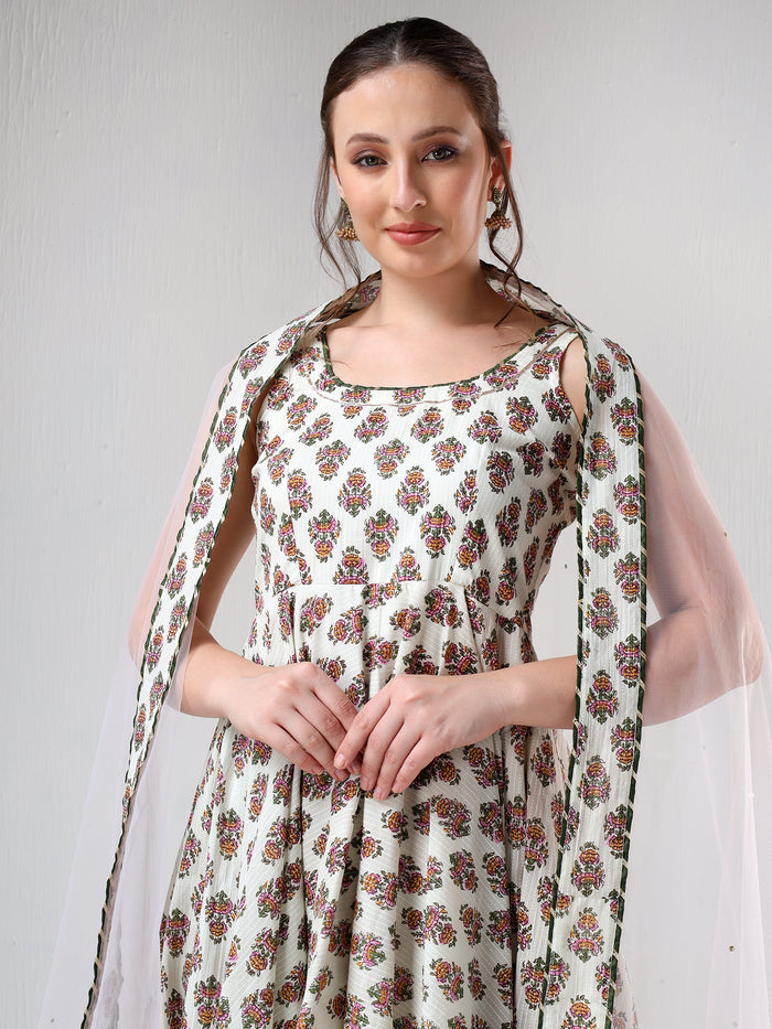 Ivory Floral Printed Cotton Anarkali Set With Olive Trim