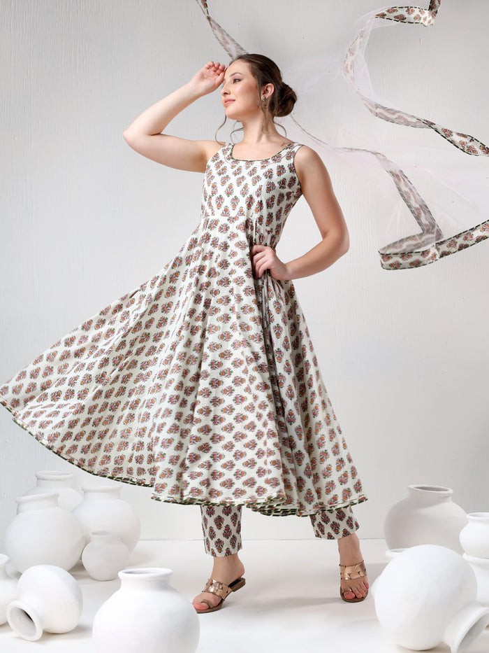 Ivory Floral Printed Cotton Anarkali Set With Olive Trim