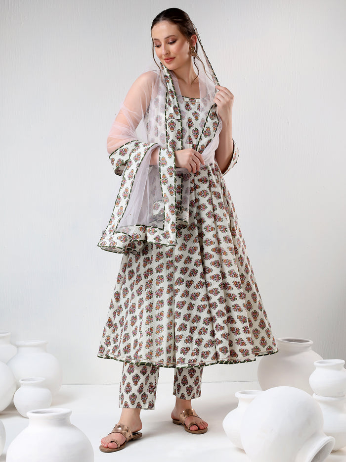 Ivory Floral Printed Cotton Anarkali Set With Olive Trim