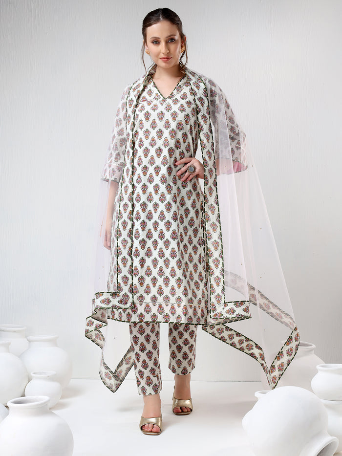 Ivory Floral Printed Cotton Salwar Set With Olive Trim