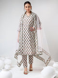 Ivory Floral Printed Cotton Salwar Set With Olive Trim