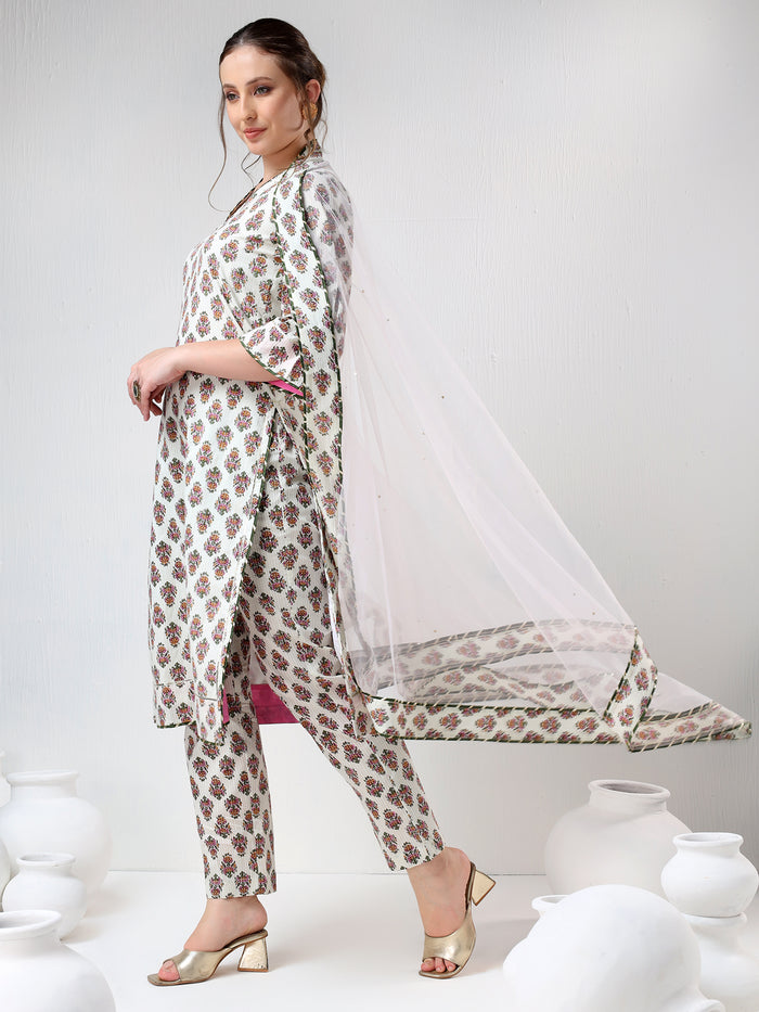 Ivory Floral Printed Cotton Salwar Set With Olive Trim