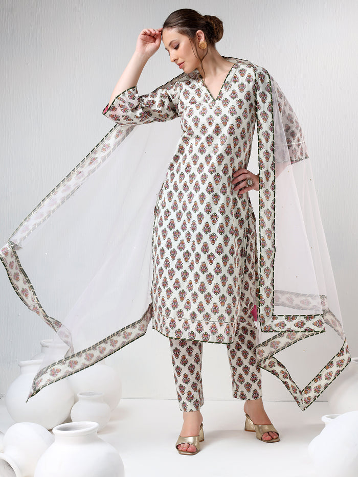 Ivory Floral Printed Cotton Salwar Set With Olive Trim