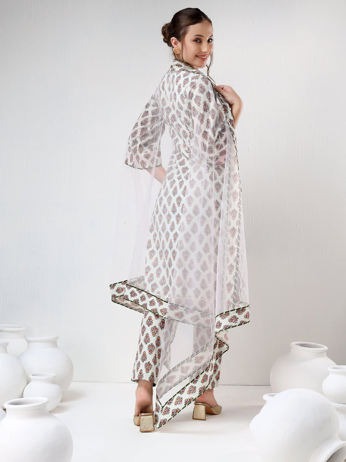 Ivory Floral Printed Cotton Salwar Set With Olive Trim