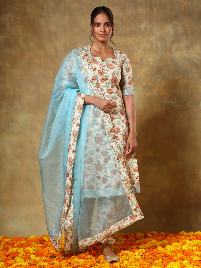 Ivory Floral Printed Cotton Salwar Set With Sky Blue Dupatta